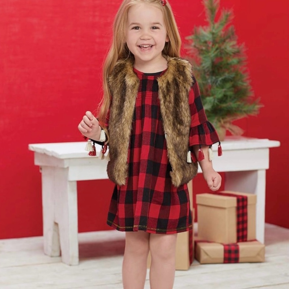 Mud Pie 4T Red/Black Flannel Buffalo Check Smocked Dress Long Sleeves w/Tassels